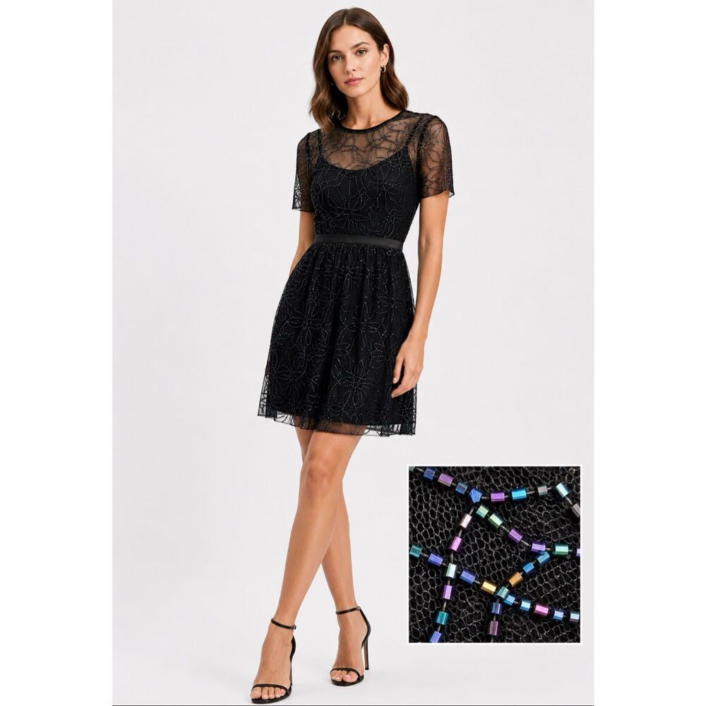 Needle & Thread Black Beaded Embellished Mesh Mini Dress NWT US 2